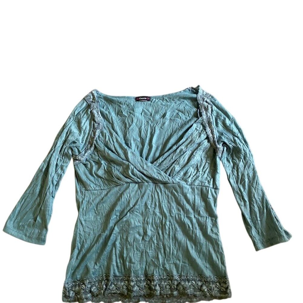 Cocoma Women's V-Neck Lace Accent Long Sleeve Blouse‎ Blue M Y2K